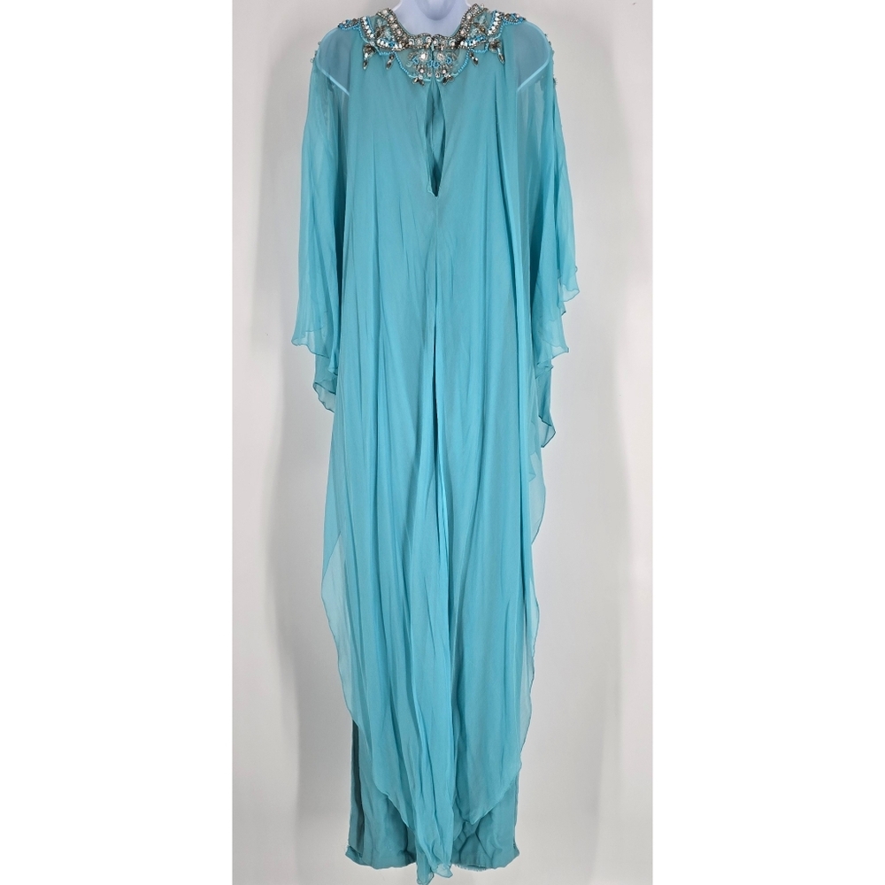 Marchesa Couture Aqua Blue Embellished Neckline Chiffon Caftan Gown No Size - Picture 16 of 16